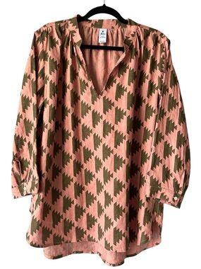 Felix  100% Linen V-Neck Tunic Top in Pink and Olive Green OS Oversized